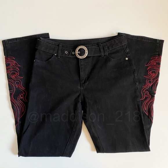 Harley Davidson Vintage Y2K Flame Embroidered Bootcut Flare Black Jeans 6 long - Picture 11 of 11